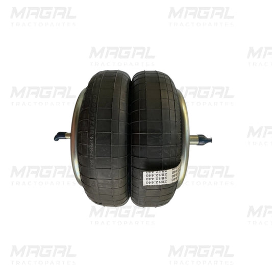 Balona Goodyear modelo 2812-4400 de doble cámara para suspensión de remolque pesado, vista frontal con conexiones metálicas y textura de caucho marcada.