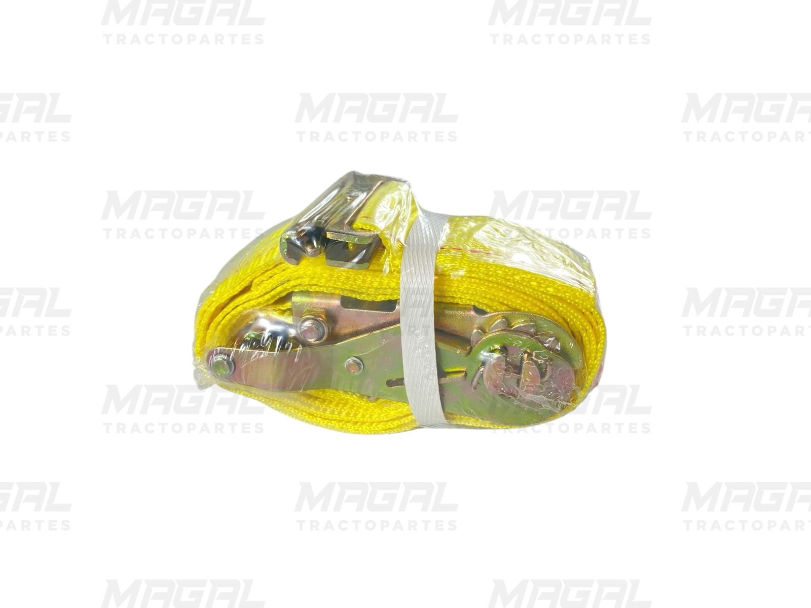 Banda de amarre CRXCO modelo FH10R30-LOG con matraca metálica y cinta amarilla enrollada, lista para asegurar carga pesada