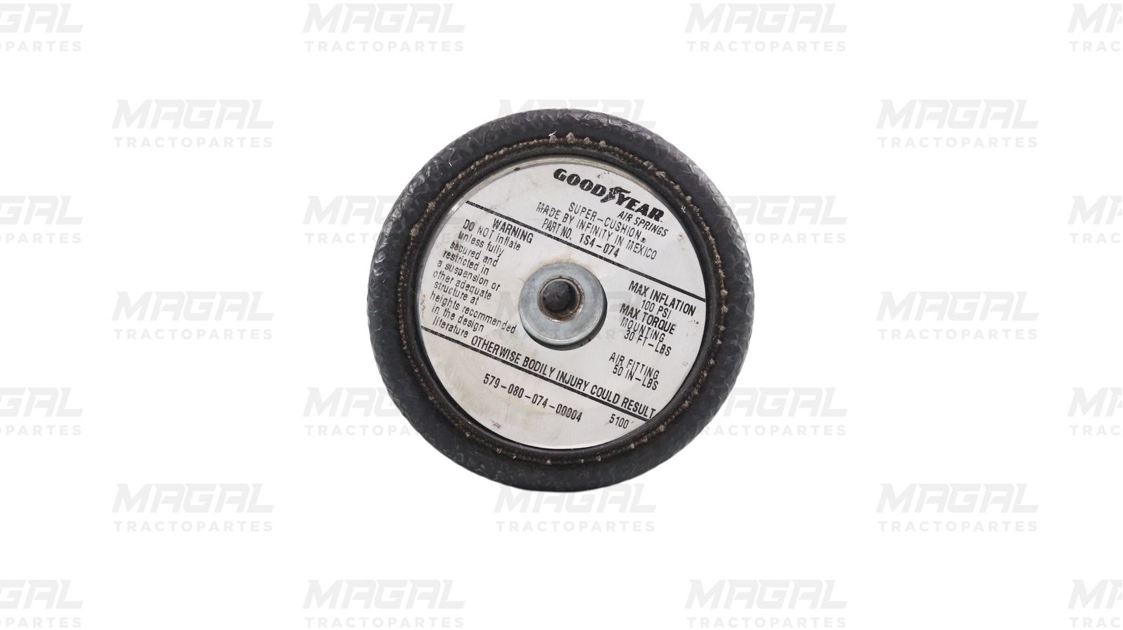 Vista inferior de la bolsa de aire para cabina Volvo 1S4-074 marca Goodyear, mostrando la placa metálica con especificaciones técnicas 
