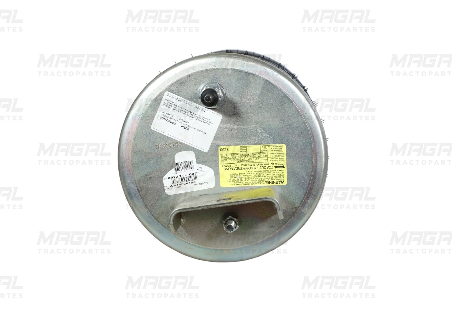 Vista superior de la bolsa de aire PRIMAAX W01-358-8109 con etiquetas y soporte metálico integrado.

