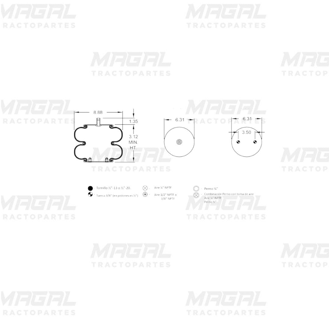Diagrama técnico de la Bolsa De Aire 7897 para retráctil Hendrickson UBL S-23114 con medidas y especificaciones de montaje.