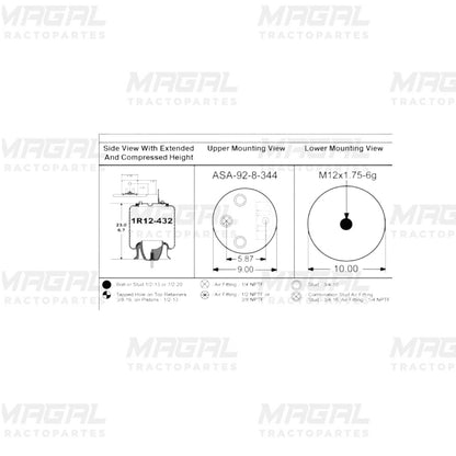 Ficha técnica de la Bolsa De Aire 7897 para suspensión retráctil Hendrickson UBL S-23114, incluye dimensiones, montaje superior e inferior y número de parte 1R12-432.