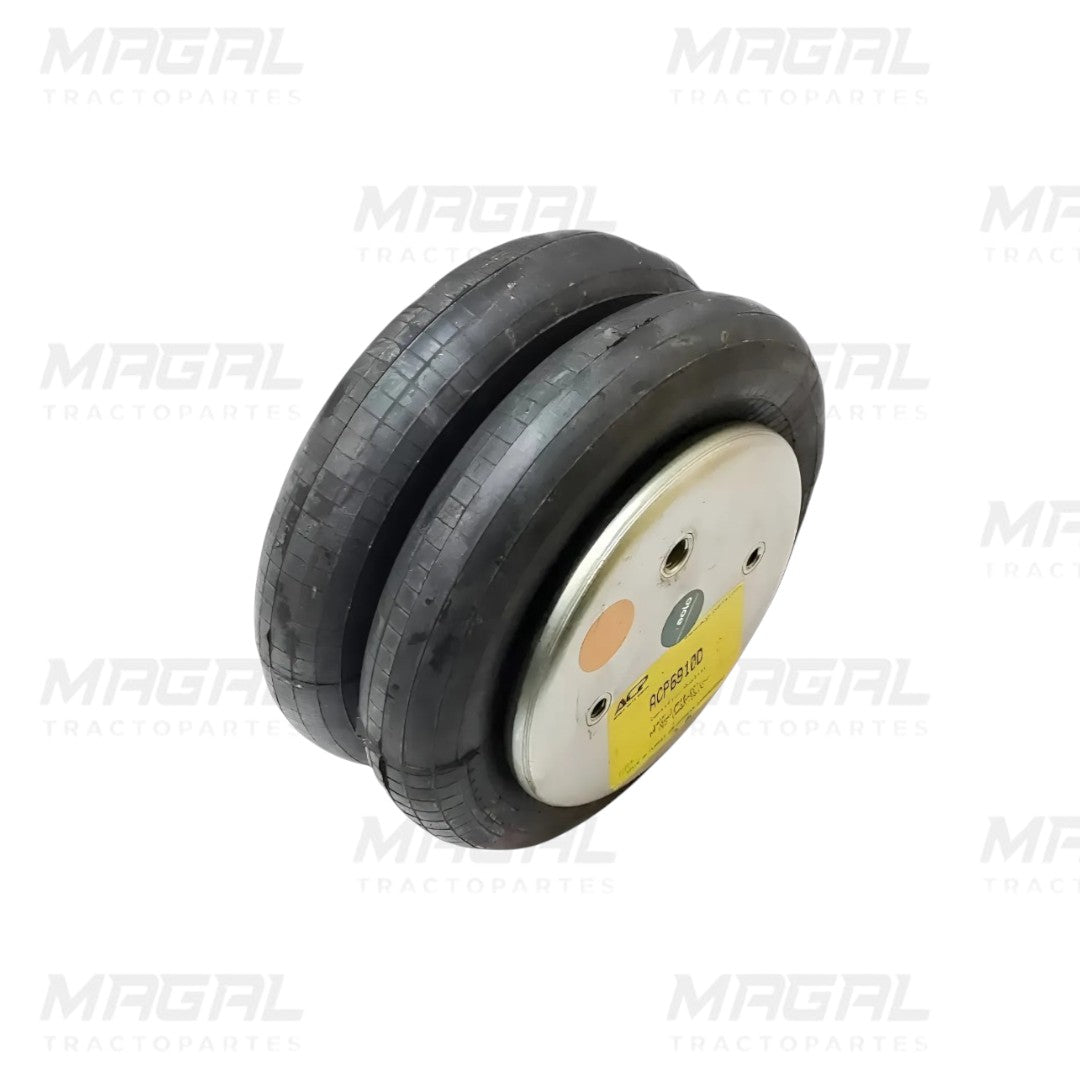 Vista lateral de la bolsa de aire ACP modelo 6910-DC para suspensión neumática, con doble fuelle de goma y placas metálicas reforzadas, ideal para sistemas de suspensión trasera en vehículos pesados.