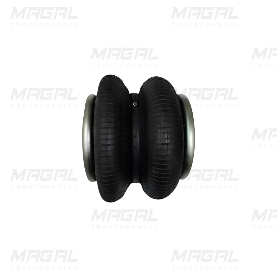 Bolsa de aire ACP 6910-DC de doble fuelle vista desde el costado, fabricada en goma resistente con extremos metálicos, utilizada en sistemas de suspensión neumática para tráileres y vehículos pesados.