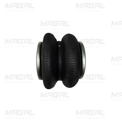 Bolsa de aire ACP 6910-DC de doble fuelle vista desde el costado, fabricada en goma resistente con extremos metálicos, utilizada en sistemas de suspensión neumática para tráileres y vehículos pesados.