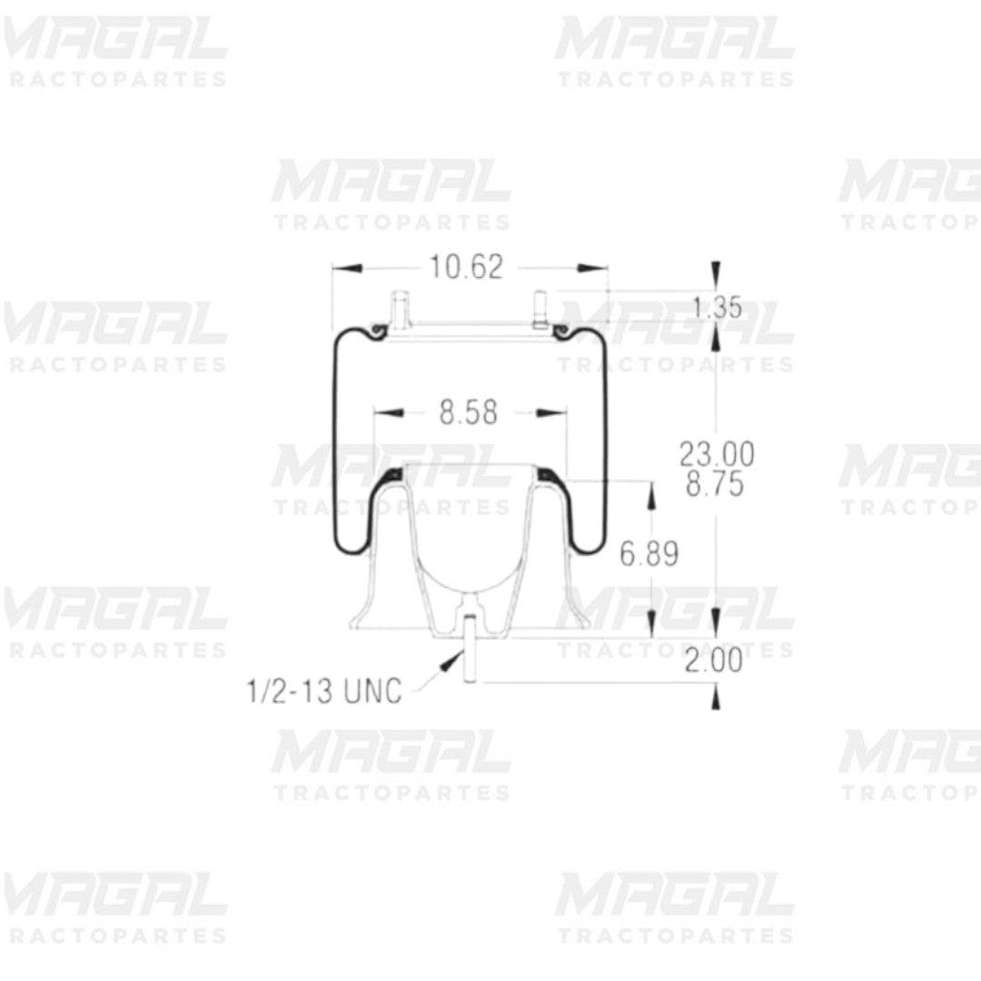 Plano técnico de bolsa de aire Freightliner 9781 / 1R12-603 marca Sampa con medidas detalladas en pulgadas