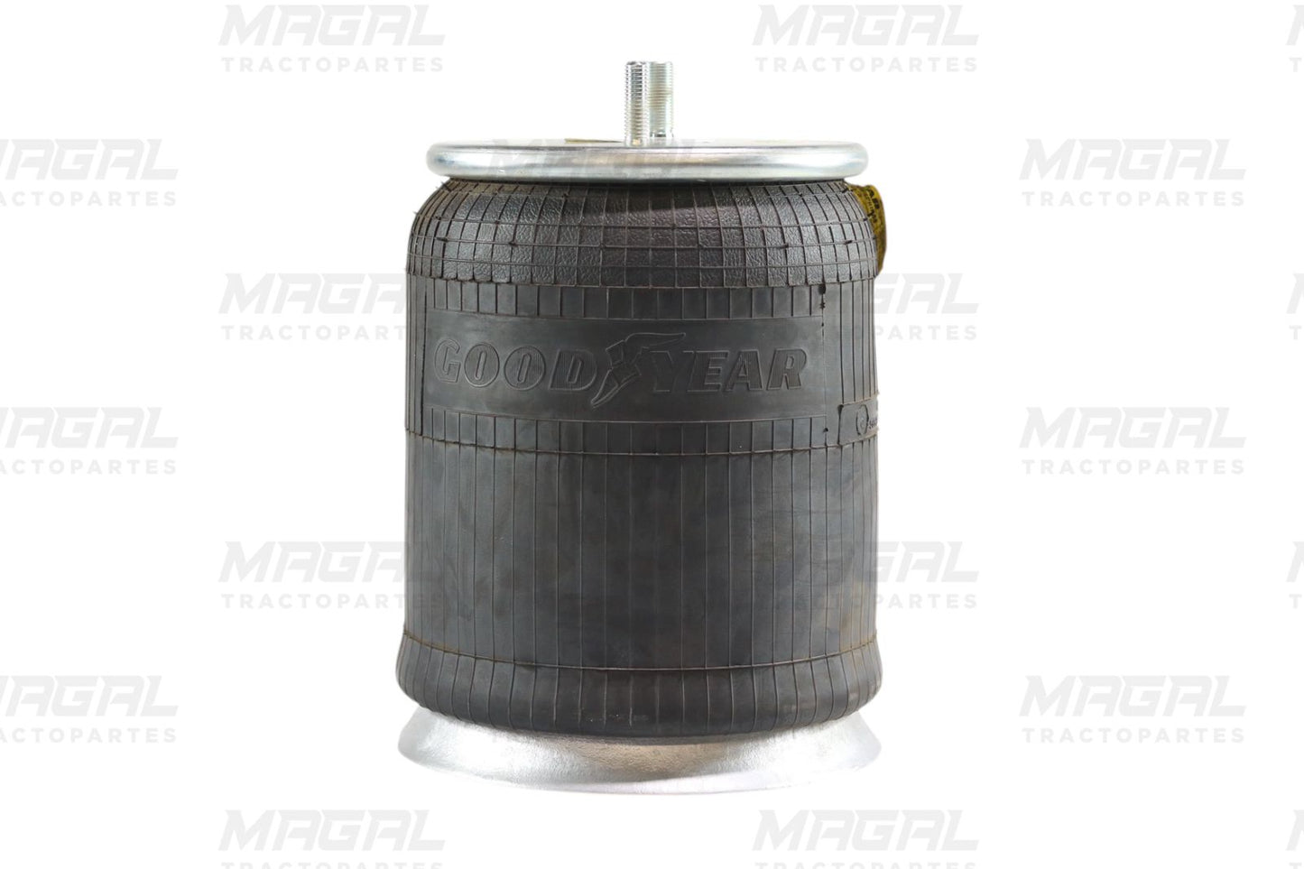 Vista frontal de la bolsa de aire Goodyear modelo 1R12-103, con base metálica inferior y válvula superior expuesta.