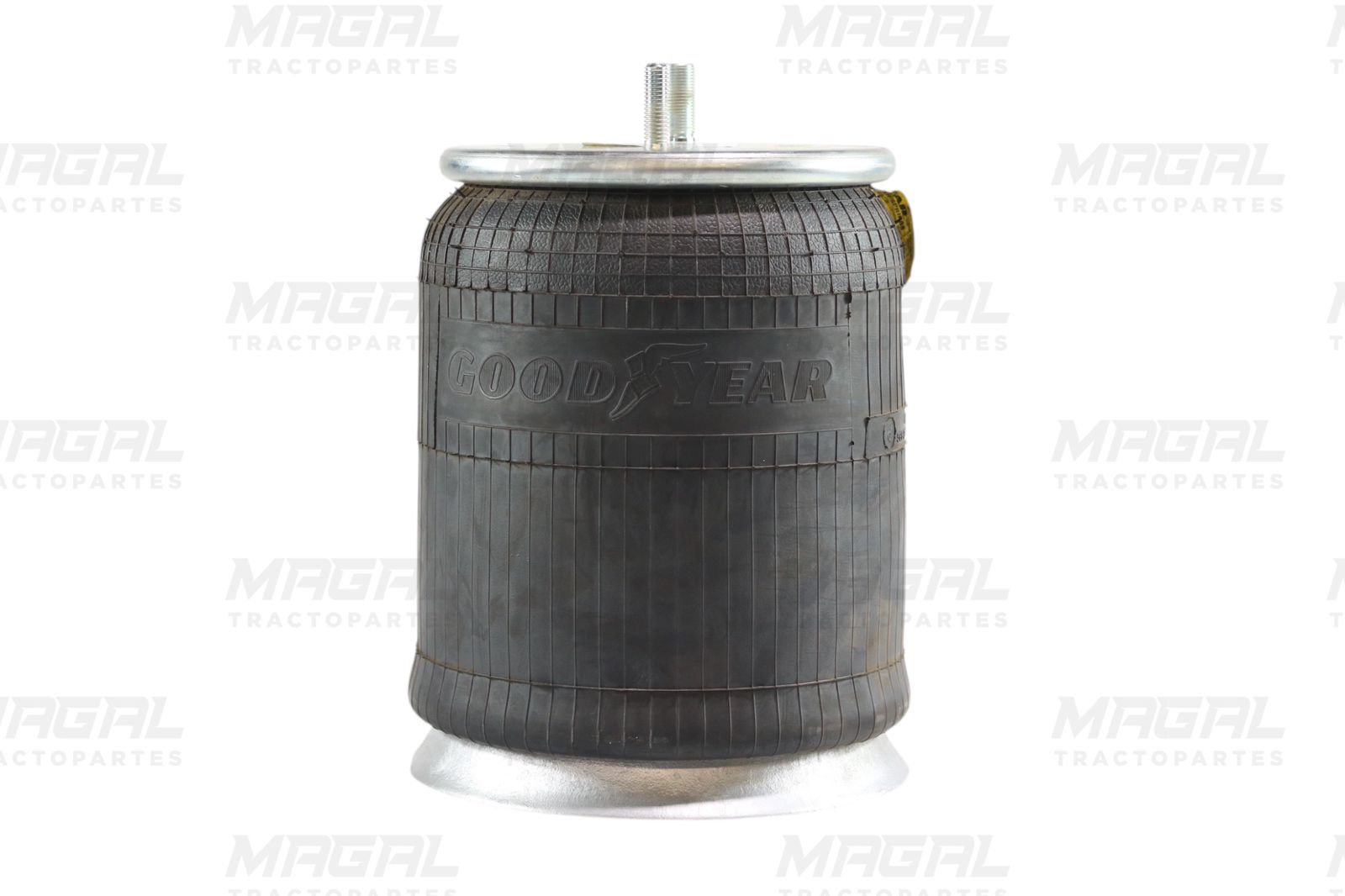 Vista frontal de la bolsa de aire Goodyear modelo 1R12-103, con base metálica inferior y válvula superior expuesta.