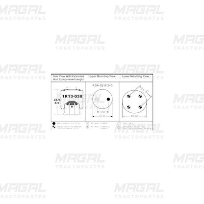 Diagrama técnico de la bolsa de aire Goodyear 1R13-038 con medidas, vistas de montaje y altura extendida y comprimida