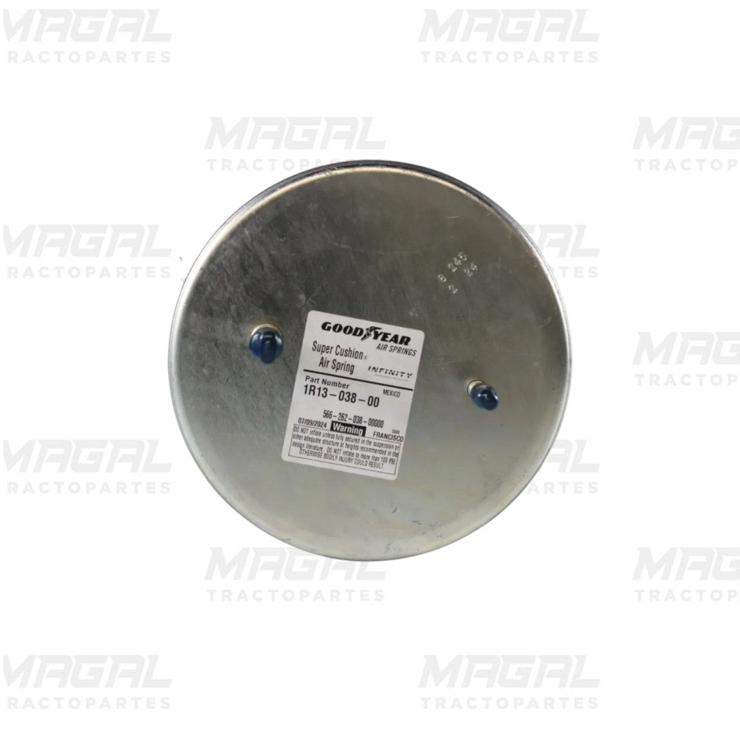 Vista superior de la bolsa de aire Goodyear 1r13-038 mostrando la base metálica circular con etiqueta y conexiones