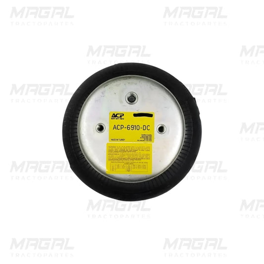 Bolsa de aire trasera para suspensión neumática ACP modelo 6910-DC, cámara metálica con etiqueta de especificaciones, fabricada en Turquía, ideal para sistemas de suspensión pesada en tractocamiones y remolques.