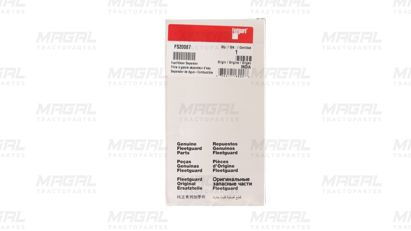 Caja original del filtro separador de agua y combustible Fleetguard FS20087 fabricado en India

