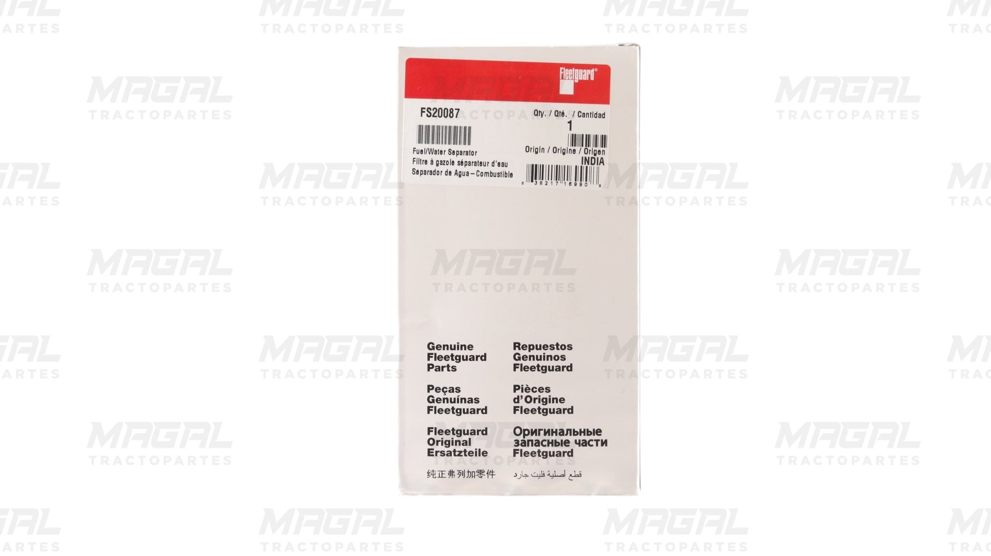 Caja original del filtro separador de agua y combustible Fleetguard FS20087 fabricado en India

