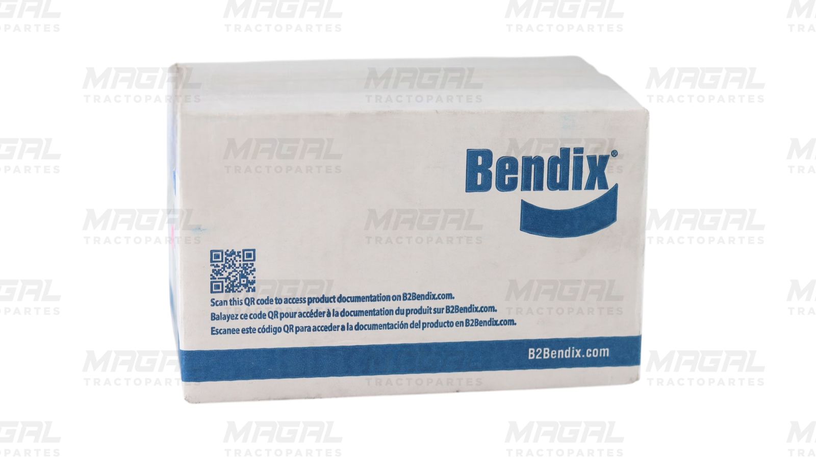 Caja original Bendix 800405 para válvula de purga de secador AD-9 con código QR y branding

