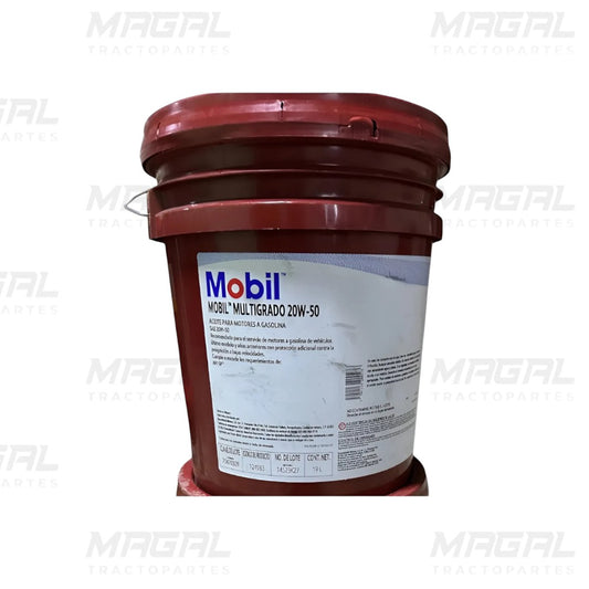 Cubeta de aceite Mobil 20W50 19 litros para motores a gasolina, vista frontal