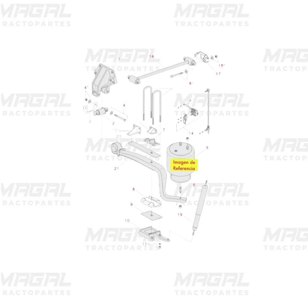 Diagrama técnico de suspensión trasera para Kenworth T680 con bolsa de aire señalada como imagen de referencia