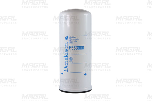 Vista frontal del filtro de aceite Donaldson P553000 / LF3000, compatible con motores Cummins, diseñado para una máxima eficiencia de filtrado en aplicaciones industriales y de transporte.


