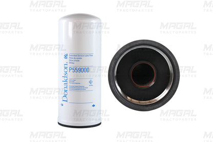 Filtro de aceite Donaldson P559000 LF14000NN con vista frontal y base roscada para motor Cummins.

