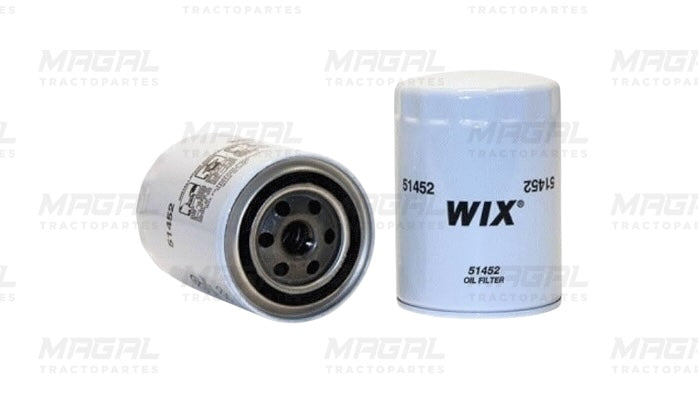 Filtro de aceite WIX 51452 enroscable, vista frontal de rosca y vista lateral con marca y modelo visibles