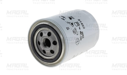 Filtro de aceite WIX 51452 con rosca visible, vista angular con íconos de uso impresos en el cuerpo del filtro