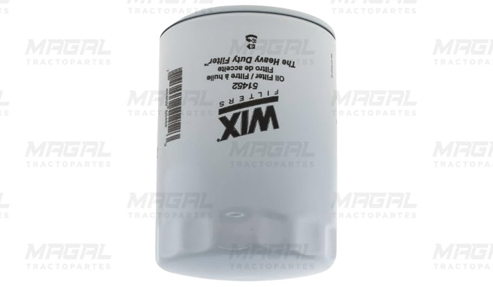 Filtro de aceite WIX 51452 visto de lado con logotipo y código de barras impreso en el cuerpo blanco del filtro