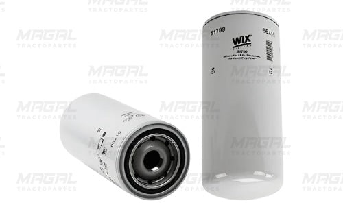 Filtro de aceite WIX 51799 mostrado en dos perspectivas: una vista lateral de pie y otra mostrando la entrada con rosca metálica