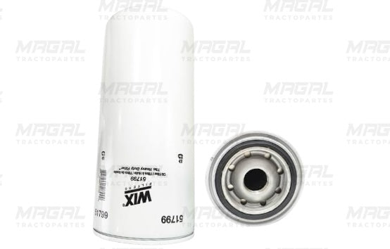 Filtro de aceite WIX 51799 con vista lateral del cuerpo cilíndrico y vista frontal del sistema de rosca y entrada de aceite