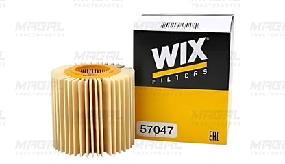 Filtro de aceite WIX 57047 tipo cartucho plisado junto a su caja original negra y amarilla con logotipo visible