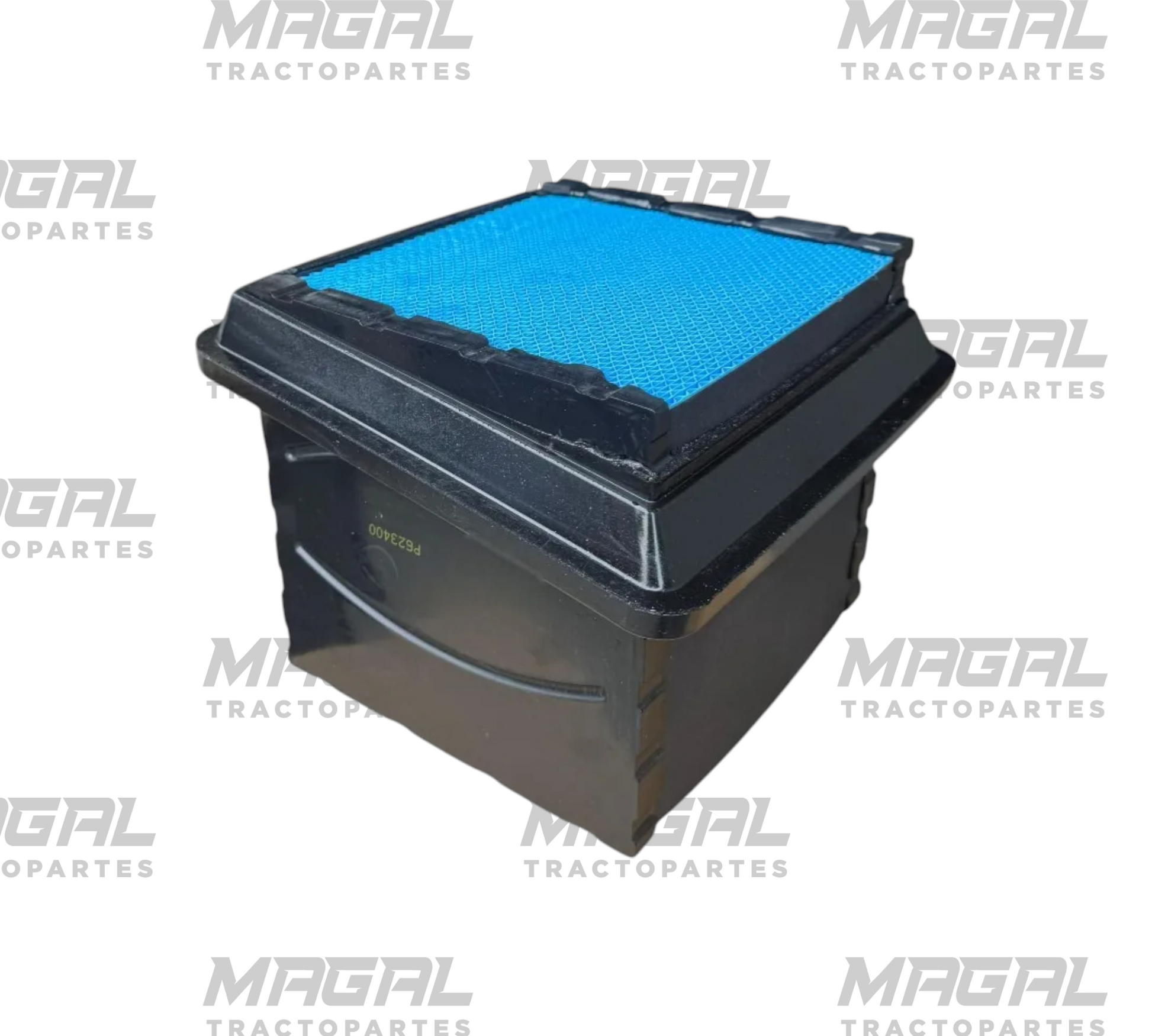 “Filtro de aire P623400 2517298C1 para MaxxForce; cartucho rectangular con malla azul, vista en tres cuartos desde el frente