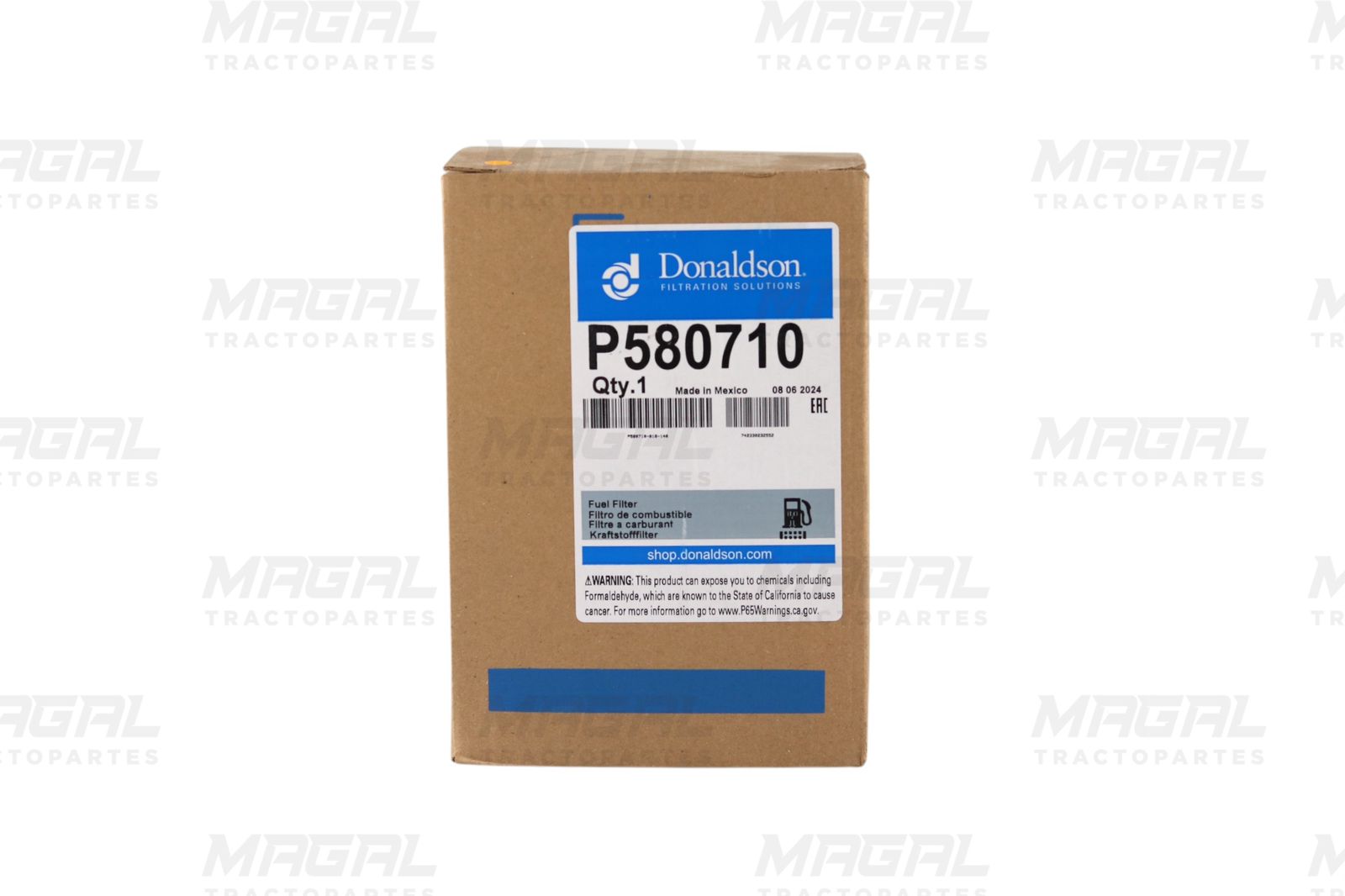 Vista frontal de la caja del filtro de combustible Donaldson P580710, separador de agua para motores Cummins y Detroit DD13/DD15

