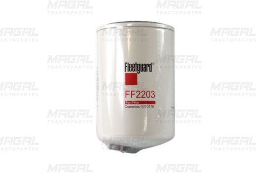 Filtro de combustible Fleetguard FF2203 color blanco, en posición vertical, con logotipo y modelo impresos al frente.

