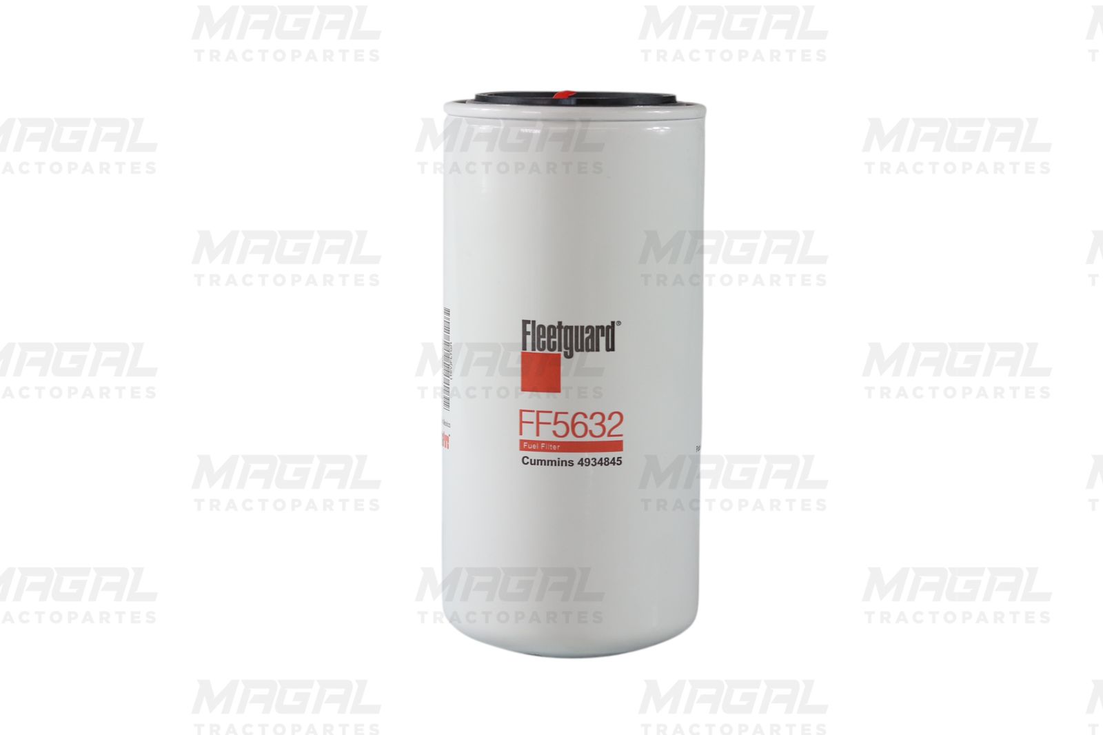 Filtro de combustible Fleetguard FF5632 en vista frontal, equivalente a Donaldson P550880, utilizado en motores Cummins.

