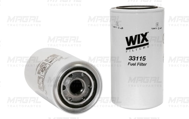 Filtro de combustible WIX 33115 mostrado en dos vistas: frontal y lateral con diseño en color blanco