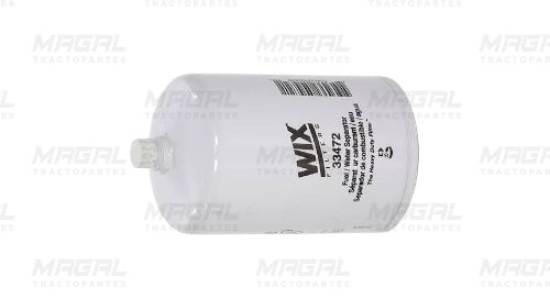 Vista lateral del filtro de combustible WIX 33472 con conector plástico y cuerpo blanco, compatible con sistemas diésel
