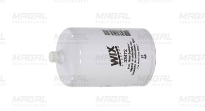 Vista lateral del filtro de combustible WIX 33472 con conector plástico y cuerpo blanco, compatible con sistemas diésel