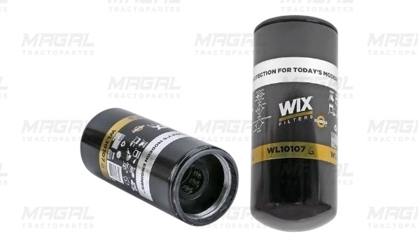 Filtro de aceite WIX WL10107 en vista doble, diseño cilíndrico color negro con etiquetas informativas, ideal para motores modernos