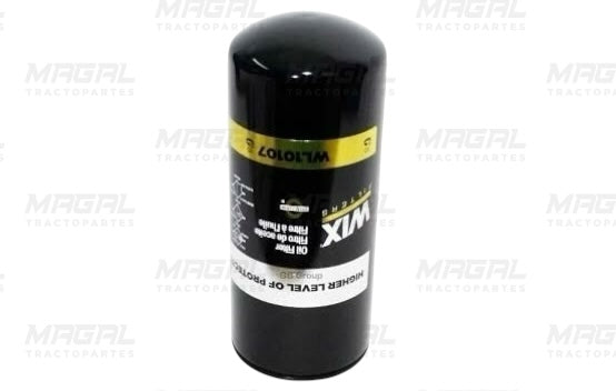 Filtro de aceite WIX WL10107 en posición vertical, cuerpo metálico cilíndrico negro con etiqueta dorada y blanca, ideal para sistemas de lubricación de motor