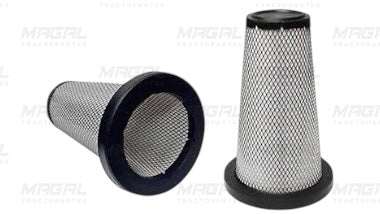 Filtro de aire WIX 49089 con sello radial interno, vista frontal y lateral del filtro cónico metálico con malla protectora