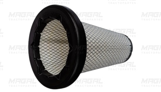 Vista trasera del filtro de aire WIX 49089 con sello radial interno, estructura cónica metálica con malla de protección y acabado en hule negro