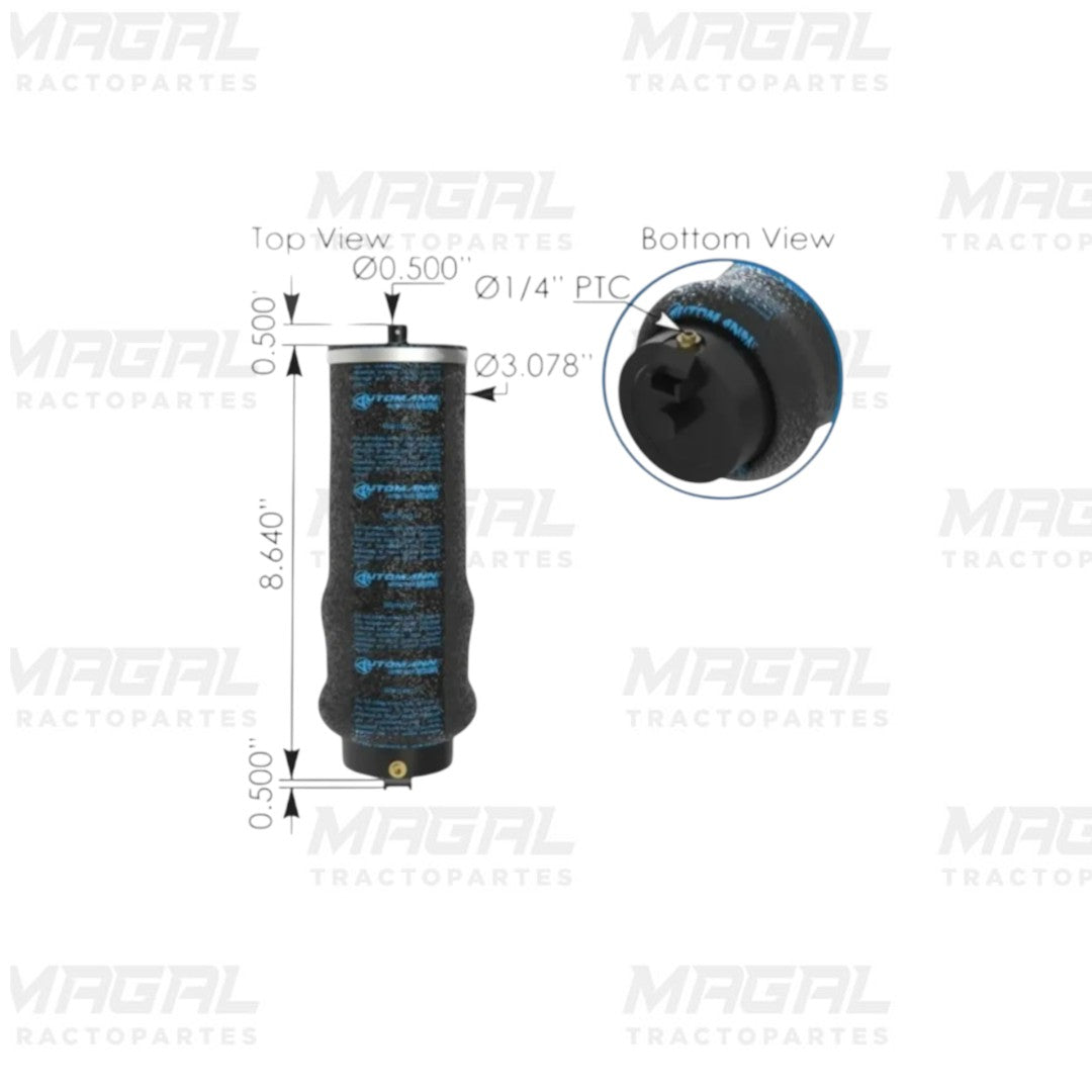 Filtro desecador de aire con medidas detalladas y entrada de 1/4” PTC