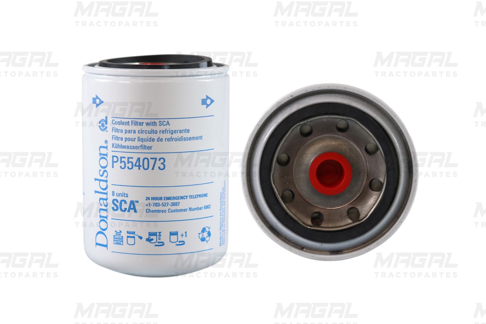 Vista frontal y lateral del filtro de refrigerante enroscable Donaldson P554073 con aditivo SCA, diseñado para mantener limpio el sistema de enfriamiento en motores diésel.


