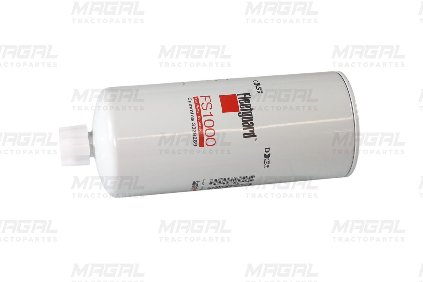 Vista lateral del filtro Fleetguard FS1000 separador de agua y combustible para motor diésel

