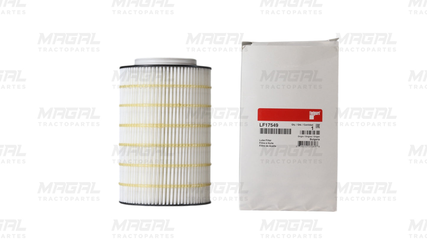 Filtro de aceite tipo cartucho Fleetguard LF17549 junto a su empaque original, ideal para sistemas de lubricación de motor, compatible con aplicaciones Cummins.

