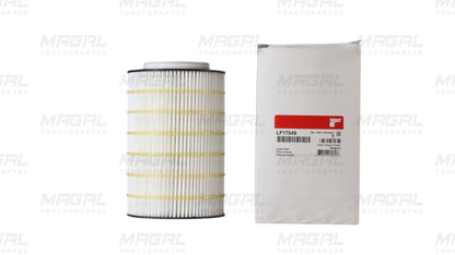 Filtro de aceite tipo cartucho Fleetguard LF17549 junto a su empaque original, ideal para sistemas de lubricación de motor, compatible con aplicaciones Cummins.

