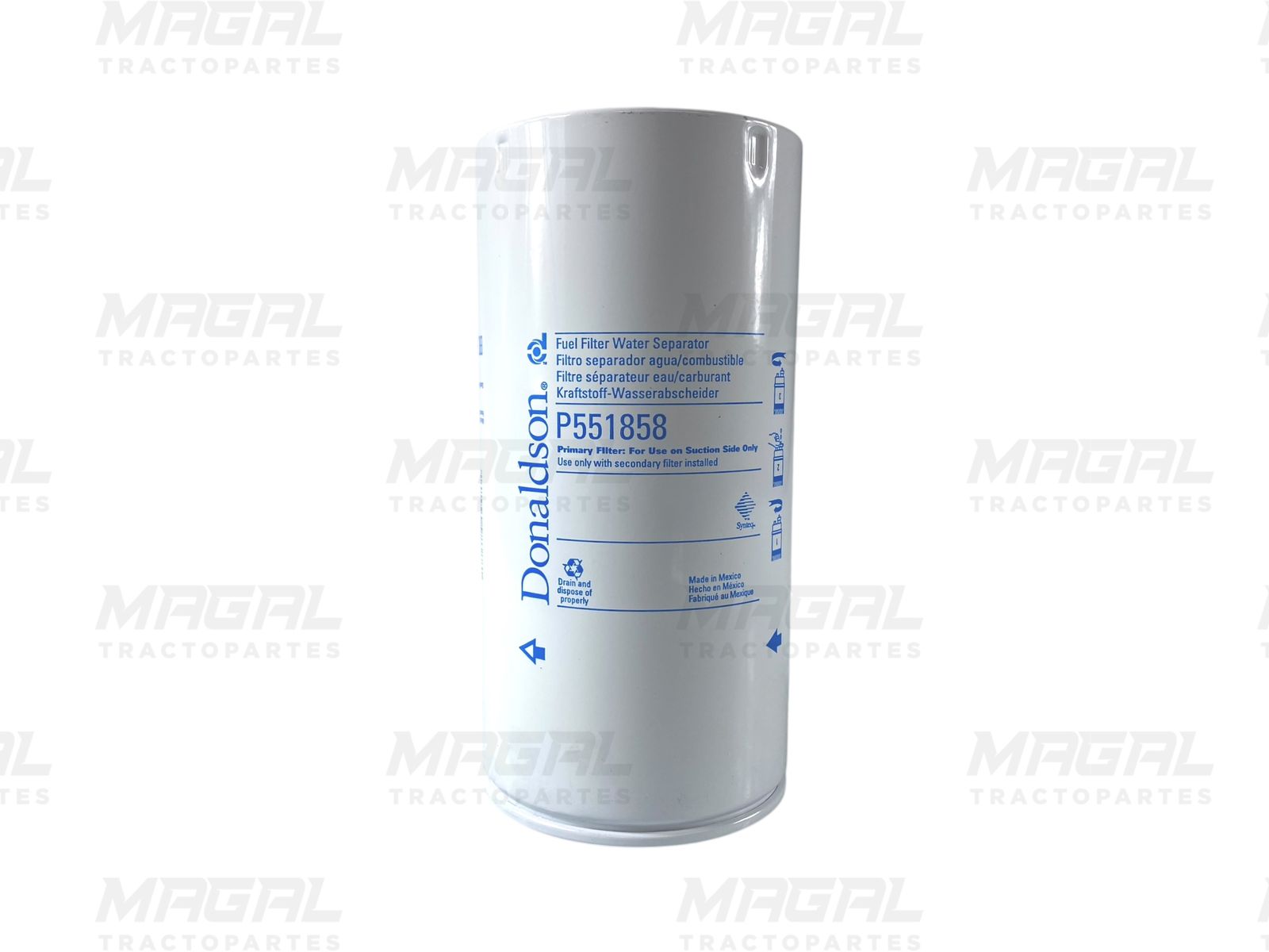Filtro separador de agua Donaldson P551858 con diseño cilíndrico y etiqueta visible, ideal para proteger sistemas diésel de contaminantes y humedad.