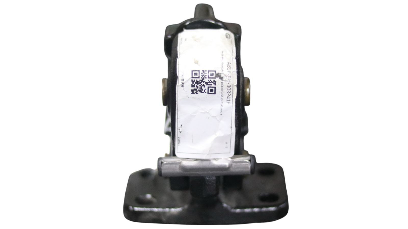 Gancho de remolque Holland PH-30RP41 visto de frente, mostrando la etiqueta de identificación del producto con código QR y número de parte

