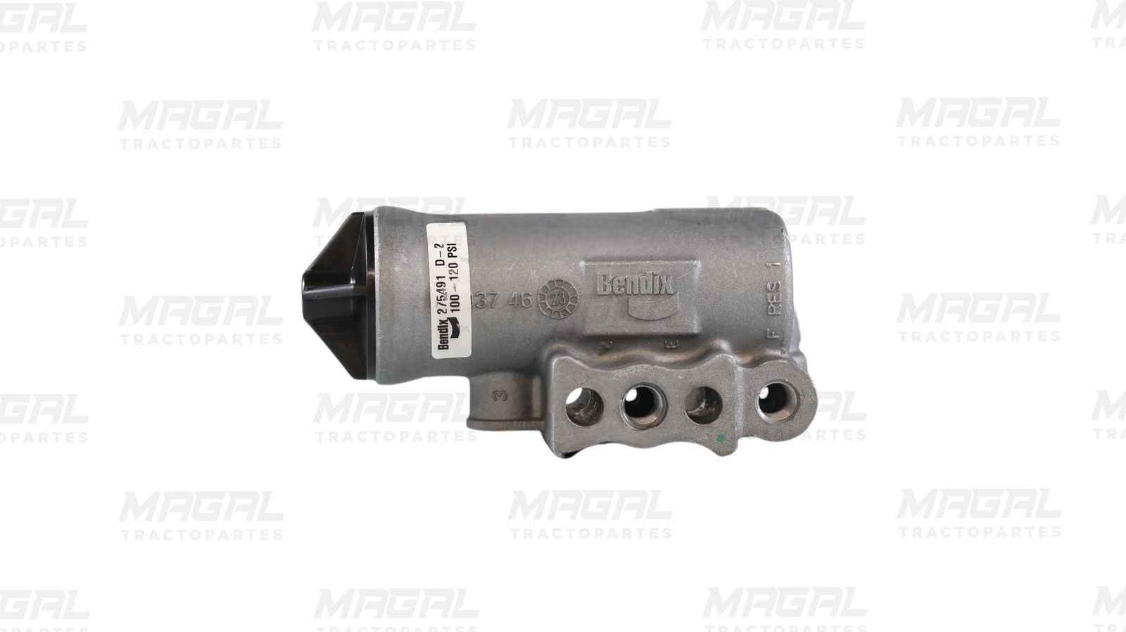 Vista lateral del Gobernador de Aire D2 marca Bendix, regulador de presión de 100 a 120 PSI para sistemas neumáticos.