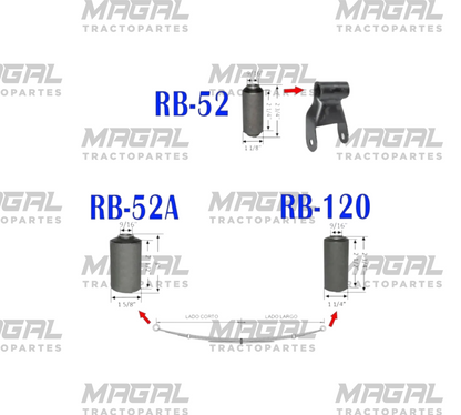 Diagrama del juego de 6 bujes de muelle para Ford Ranger 1983–2011, referencias RB-52, RB-52A y RB-120