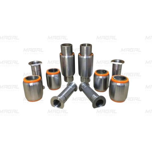 kit de bujes hendrickson 44000 lbs h53001 gaff 13509 compuesto por 10 piezas de acero con sellos de poliuretano naranja alineadas sobre fondo blanco