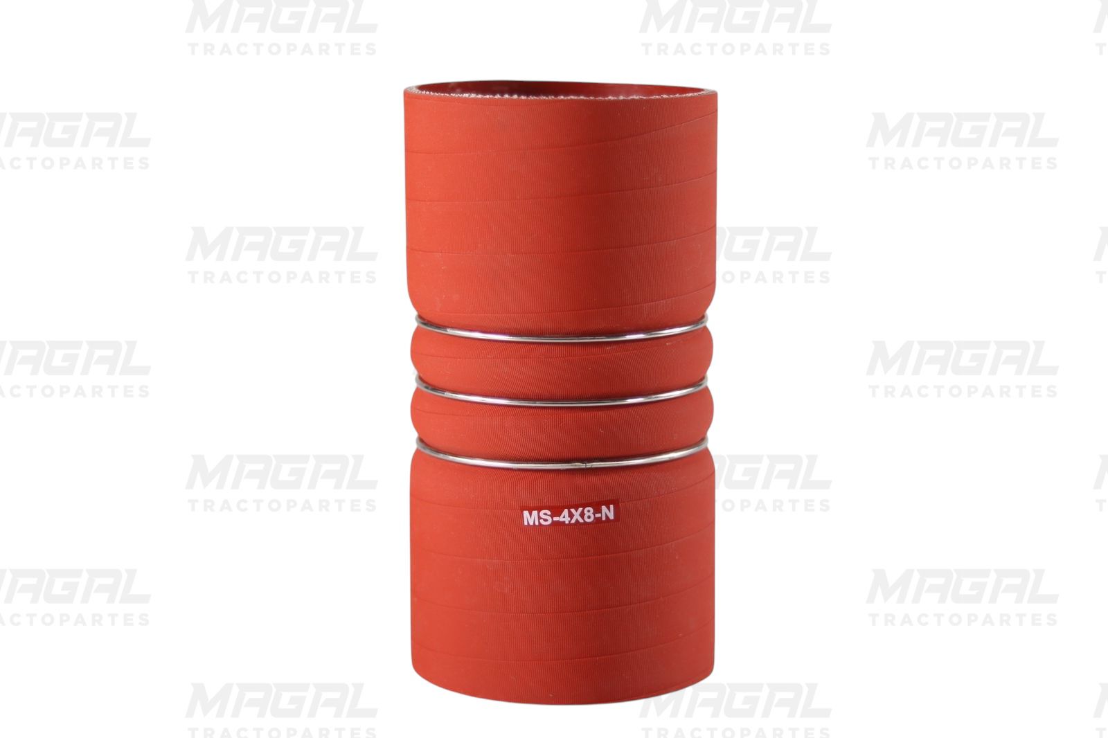 Manguera roja de silicón Kysor MS-4X8-N con 3 anillos metálicos, ideal para sistemas de aire y temperatura elevada.

